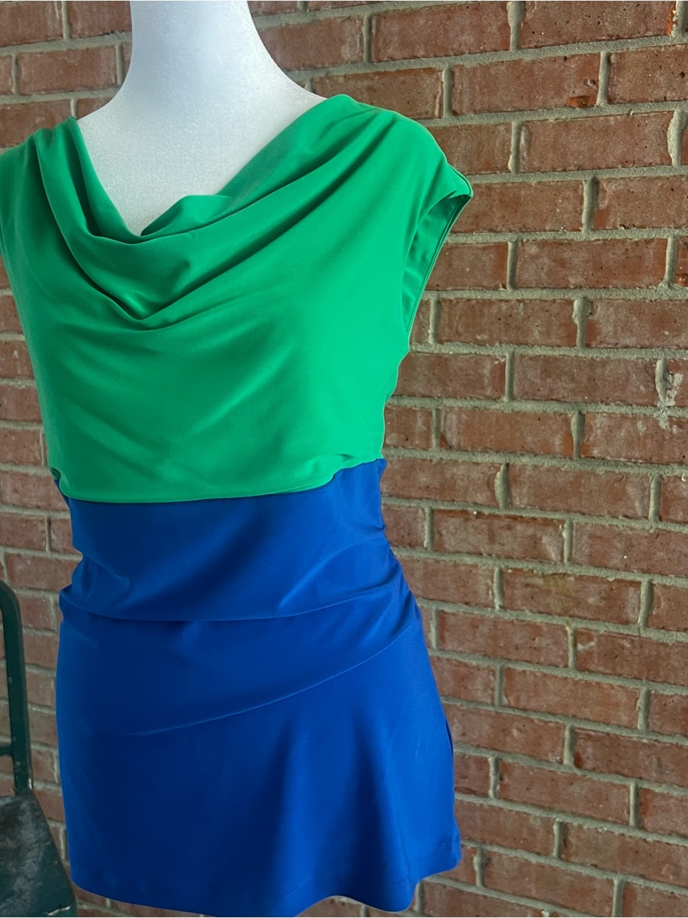 Chaus Small Green & Cobalt Blue Colorblock Cowl Neck Tunic Top